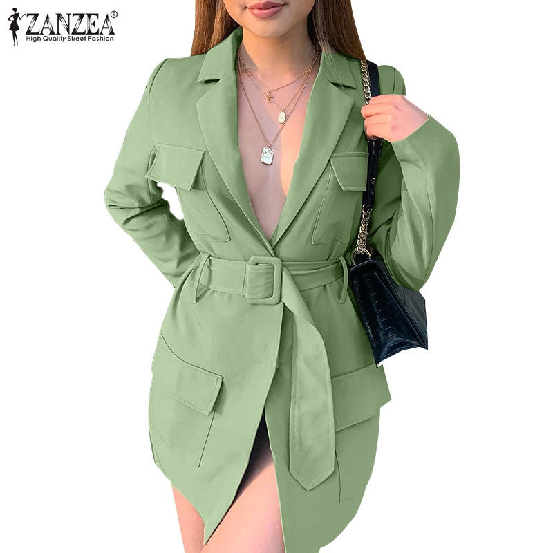 Áo khoác blazer ZANZEA tay dài cổ bẻ màu trơn kèm thắt lưng thời trang đường phố đơn giản cho nữ