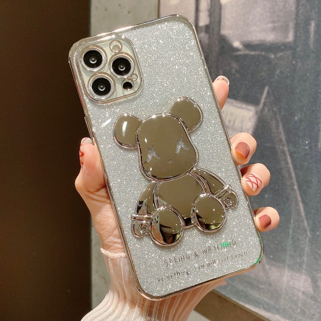 Ốp Điện Thoại TPU Góc Vuông Mạ Điện Hình Gấu Cho iPhone 13 12 11 Pro Max Promax XS Max XR X