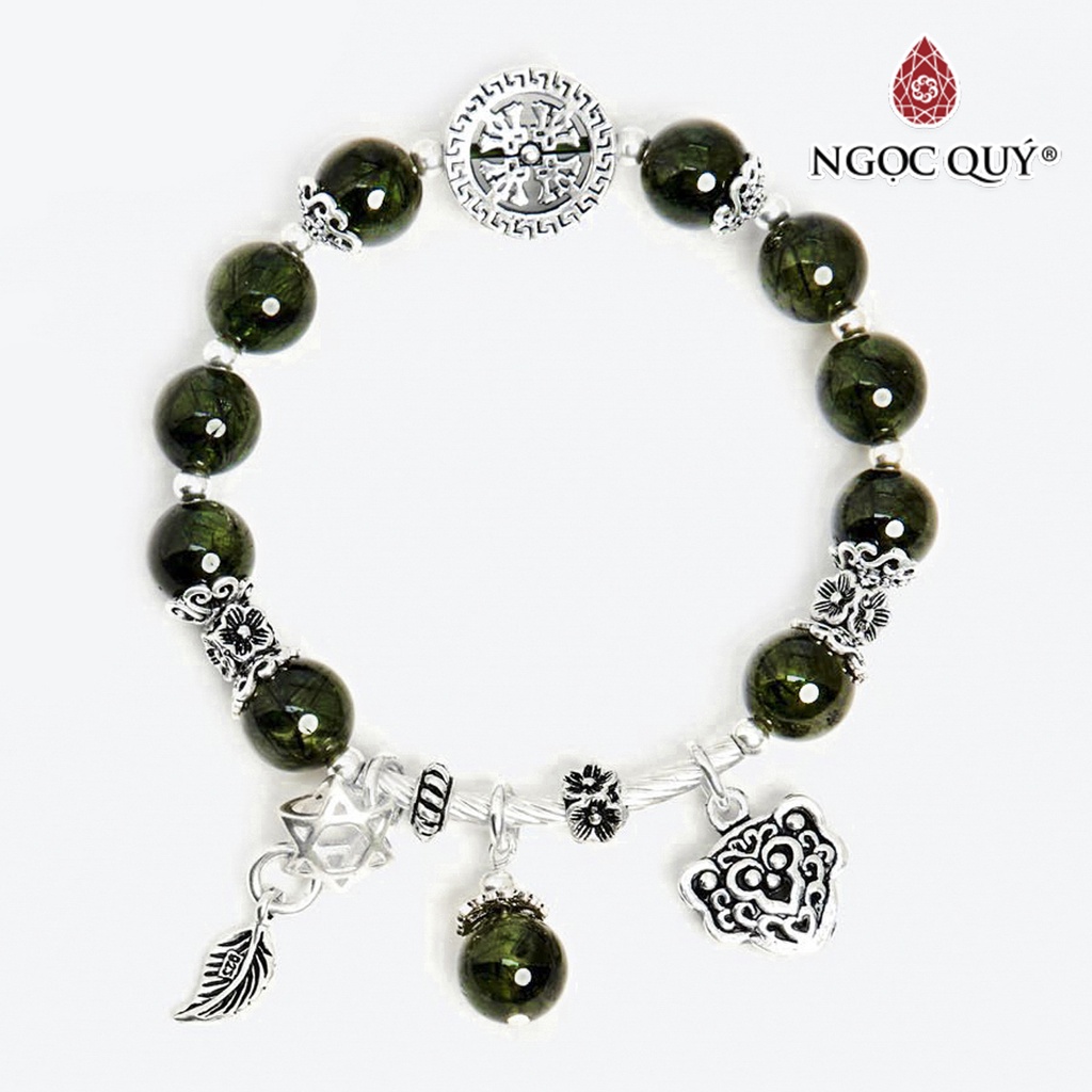 Vòng 2 line đá TA tóc xanh phối charm voi bạc 10mm - Ngọc Quý