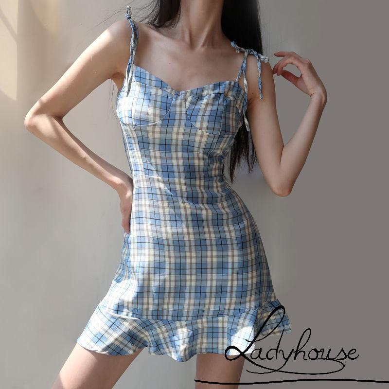Đầm Hai Dây Không Tay Họa Tiết Caro Thời Trang Mùa Hè Cho Nữ