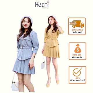 Sét Áo Sơ Mi và chân váy xếp ly 2 màu, Bộ Nhung Tặng kèm đai Hàng Thiết Kế Hachidesigns