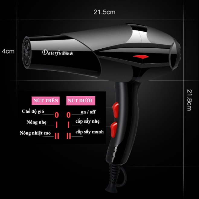 Máy sấy tóc 2 chiều nóng mát công suất lớn 2000W. Máy sấy tóc công suất lớn Daierfu