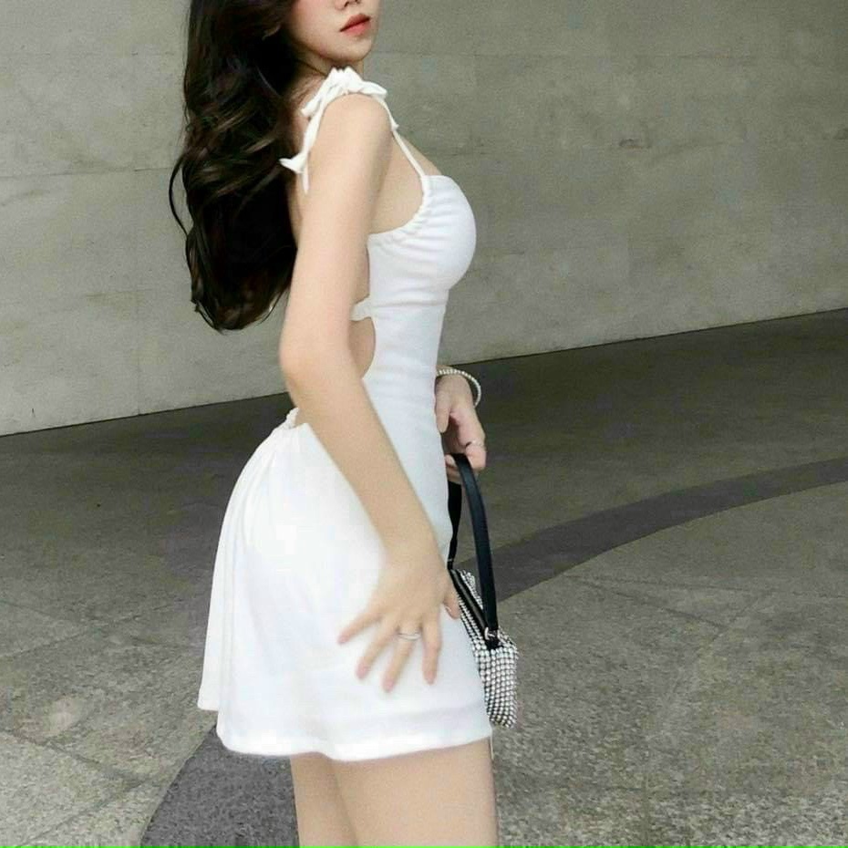 Đầm 2 dây buộc nơ vai hơ rluwng 1 dây chun dáng xòe nhẹ xinh