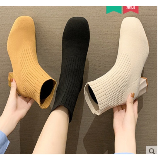 Giày boot len nữ cao gót đế vuông mùa thu đông phong cách Hàn Quốc