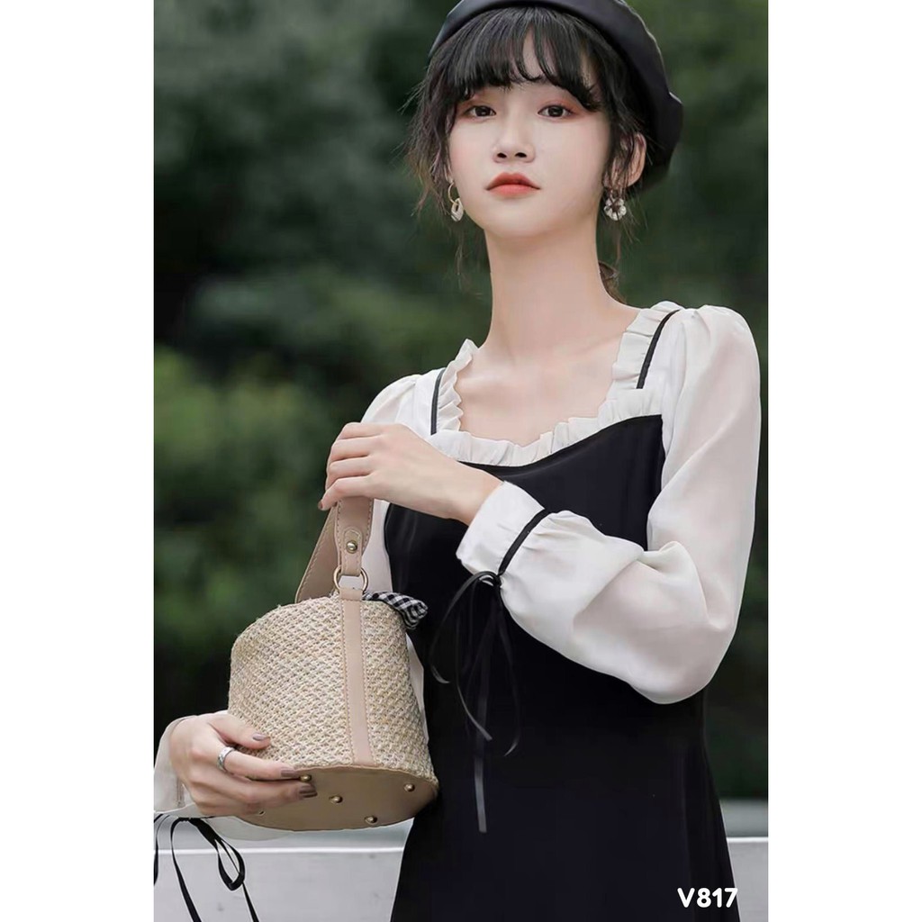 Váy tiểu thư dáng dài vintage cổ vuông