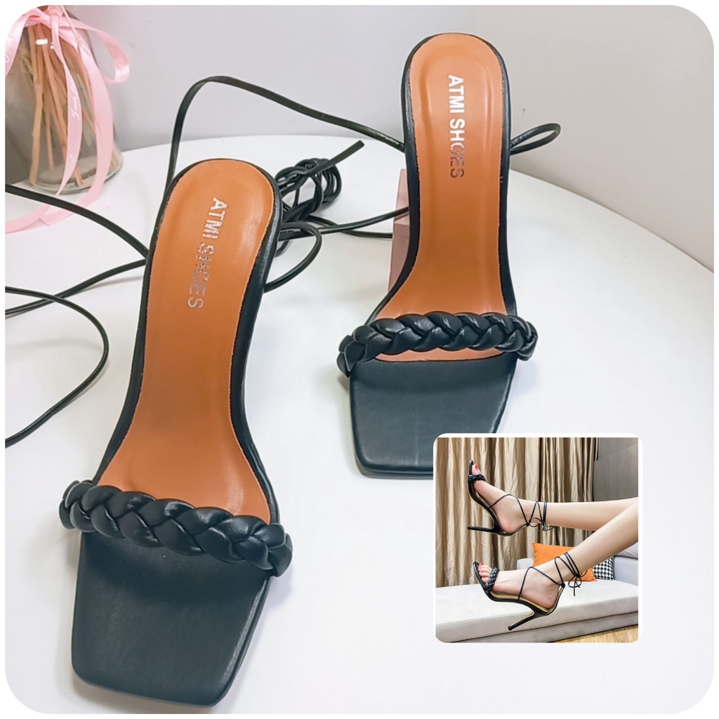 giày cao gót vuông 7cm mũi hở dây quấn cổ chân Minhtuyetshoes kiểu chiến binh mẫu mới 2023
