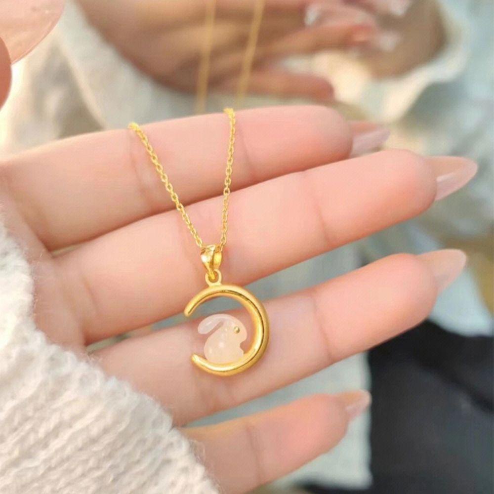 Vòng cổ Mặt Hình Thỏ Và Mặt Trăng Thiết Kế Thanh Lịch Cho Nữ