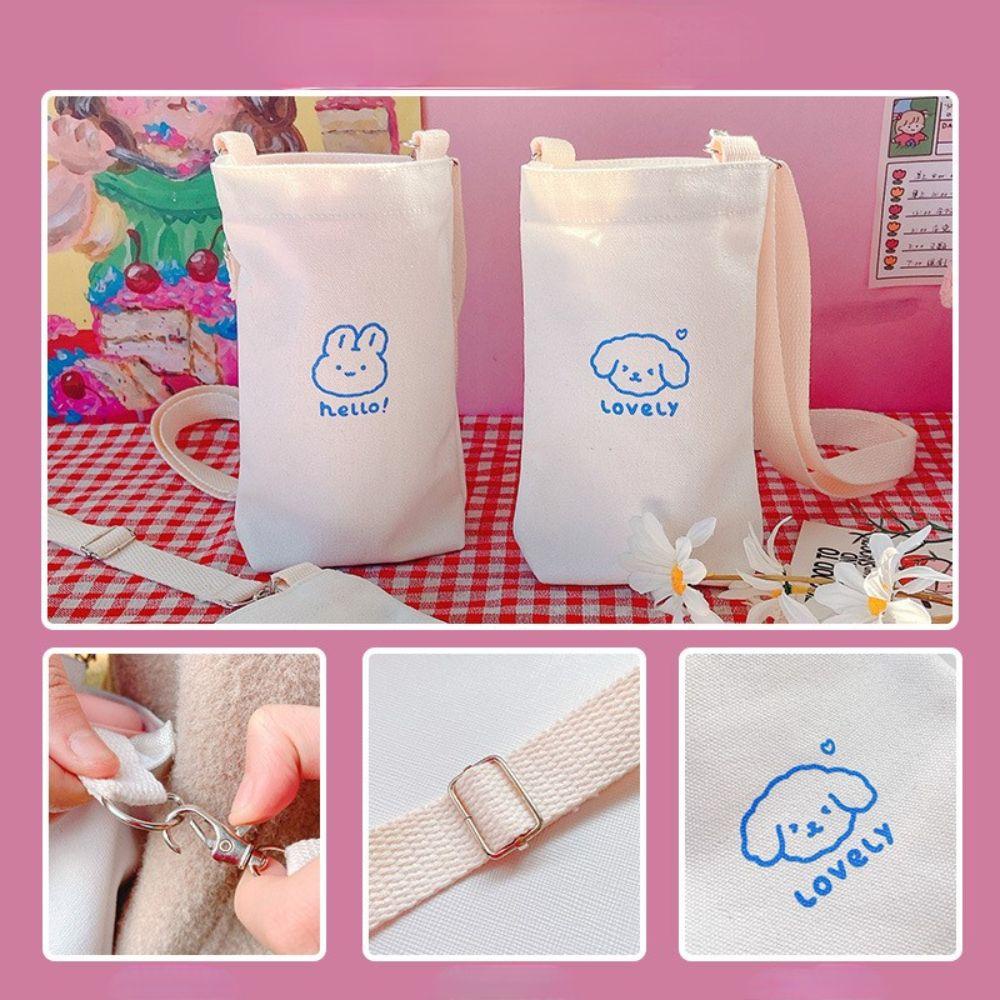 Túi Canvas Đeo Chéo Đựng Bình Nước In Hoạt Hình Dễ Thương