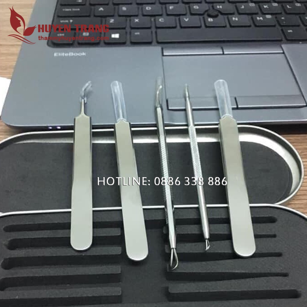 Bộ Dụng Cụ Nặn Mụn 5 Món: 3 Nhíp Lấy Mụn Và 2 Que Nặn Mụn Cao Cấp Không Gỉ - Thẩm Mỹ Huyền Trang NANOCEE