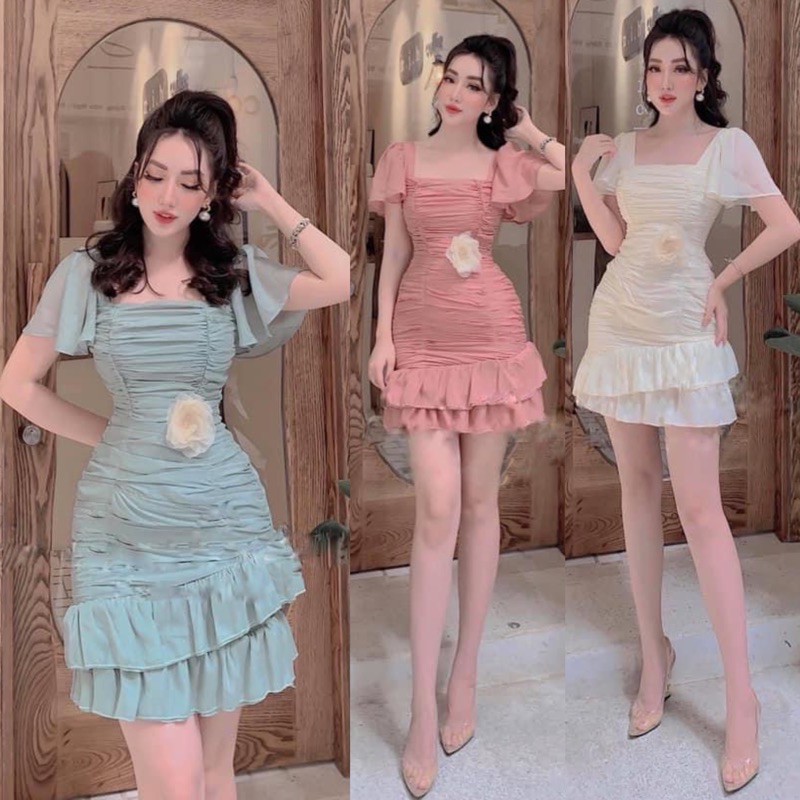 Đầm cổ vuông tay rũ voan nhún thân