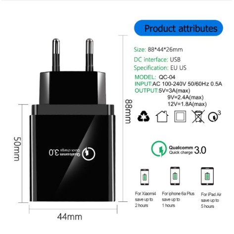 Củ sạc nhanh hỗ trợ Quick Charge QC3.0 - 4 Cổng USB chính hãng