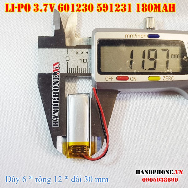 Pin Li-Po 3.7V 180mAh 601230 591231 (Lithium Polymer) cho tai nghe Bluetooth, loa Bluetooth, định vị GPS, máy nghe nhạc