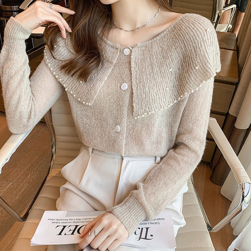Áo Sweater Dệt Kim Tay Dài Cổ Búp Bê Đính Hạt Dễ Thương Cho Nữ  tao bao