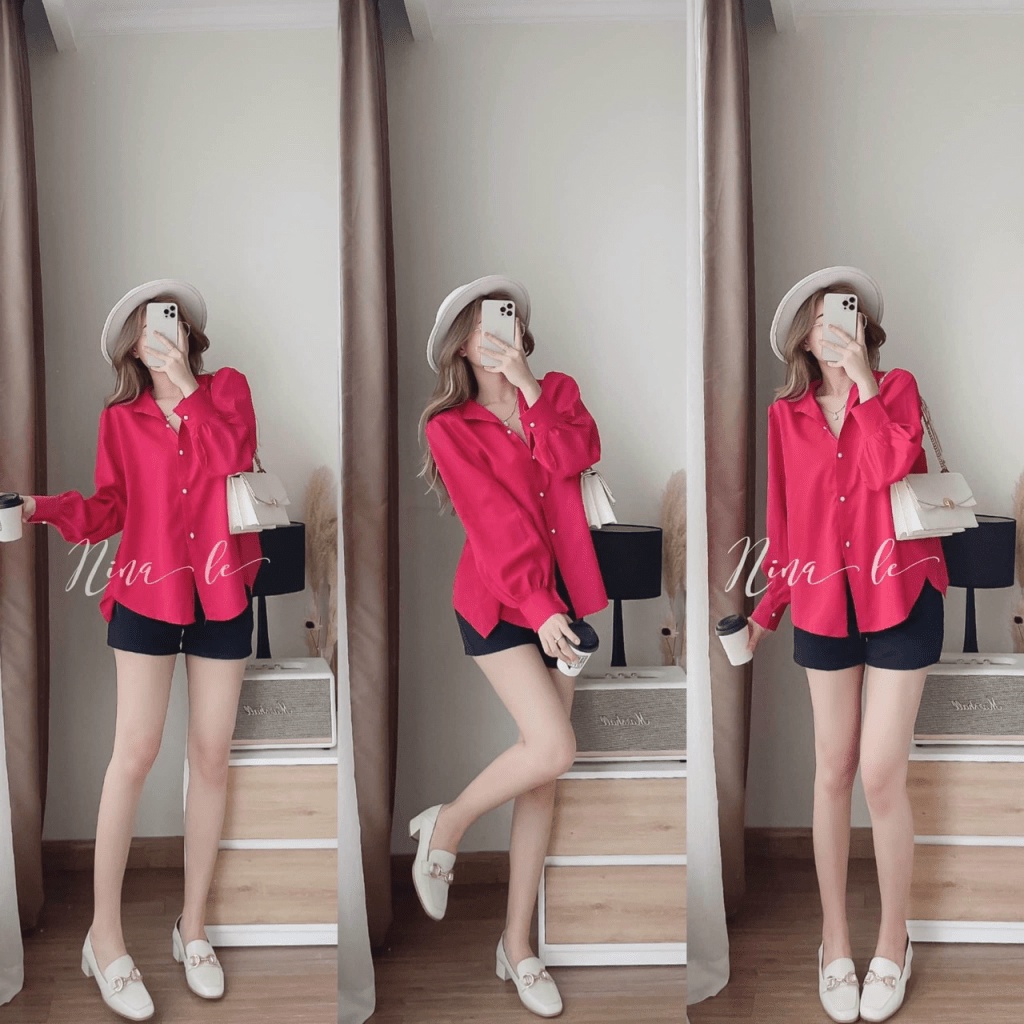 Sét Bộ 2 Món Áo Sơ mi Dài Tay Chất Lụa Màu Hồng Đậm Kết Hợp Quần Đùi Tuyết Mưa Đen Phong Cách Trẻ Trung Lãng Mạn [NEW UN