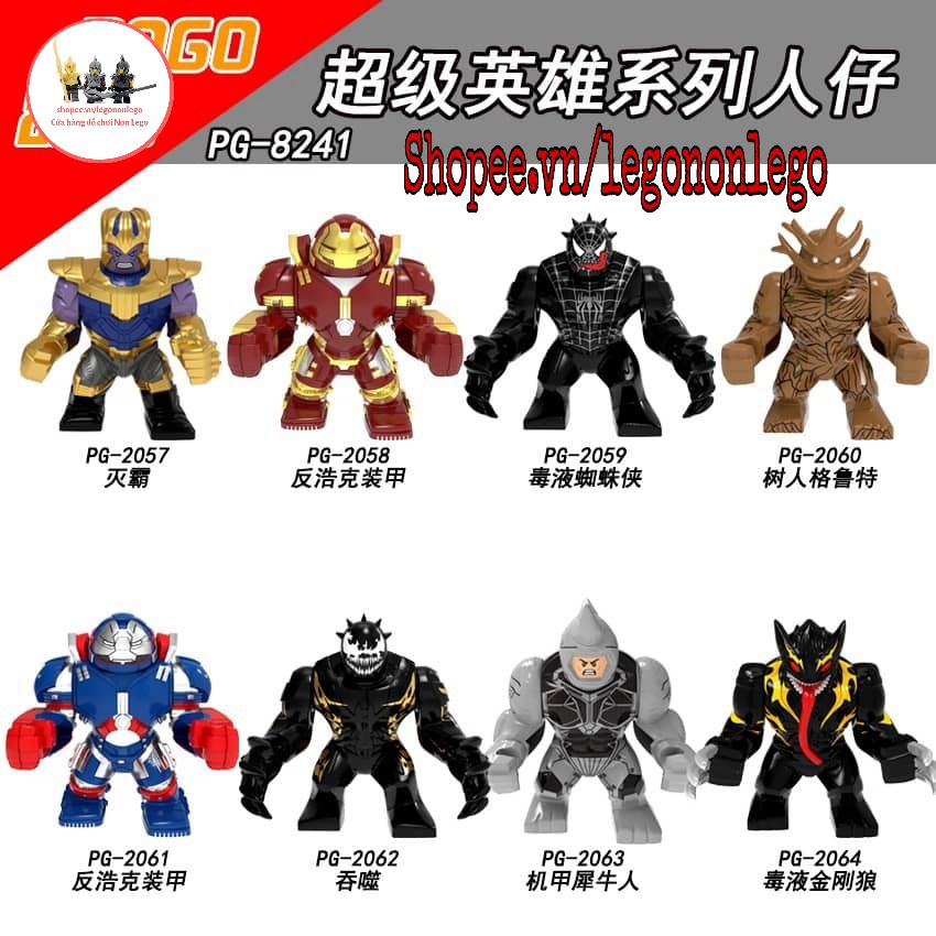 Mô hình Figure Lego Bigfig Marvel nhân vật người sắt Hulkbuster Thanos Venom Wolverine Rhino Groot POGO