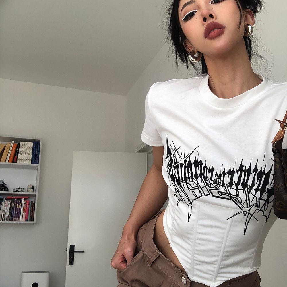 Áo Thun Tay Ngắn Dáng Ôm In Họa Tiết Xương Cá Thời Trang Cá Tính Cho Nữ Y2K