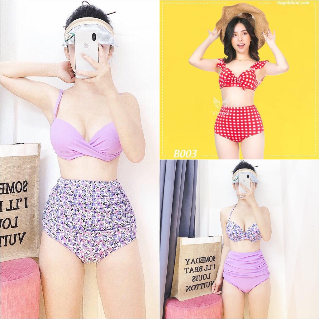 Bikini nữ đệm dày nâng ngực áo cánh tiên quần cạp cao che bụng - ảnh thật shop chụp