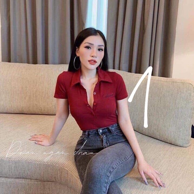 Áo phông cổ bẻ thêu chư ký dáng ôm ngắn tay, Áo thun tay cộc thêu ngực co giãn CS1215 - NhiNhiShop