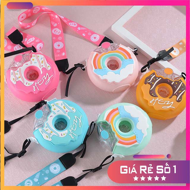 Bình uống nước hình bánh donut dành cho trẻ em 380ml colorfull  - kèm ống hút - có dây đeo cổ xinh xắn 2001