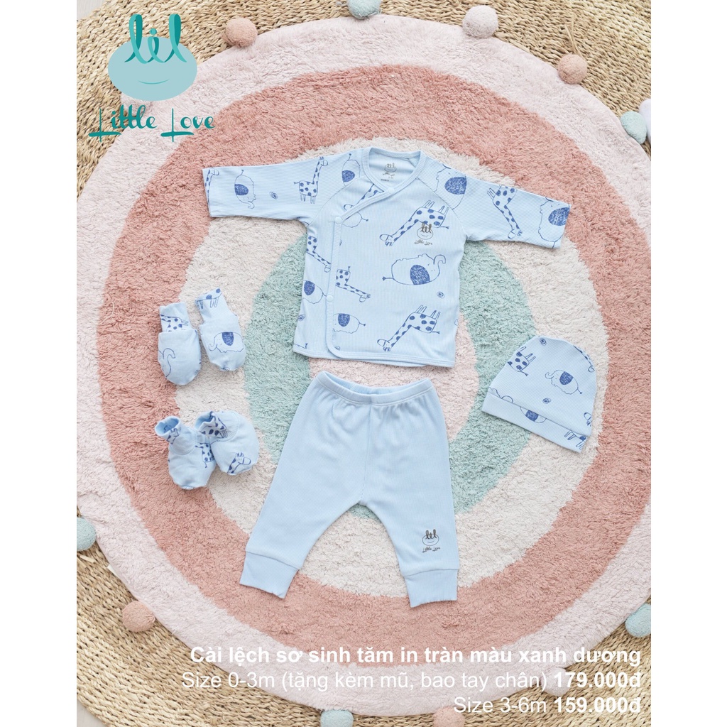 Bộ quần áo dài tay cài lệch chất vải tăm in tràn cho trẻ từ 0-6m little love (LDT83)