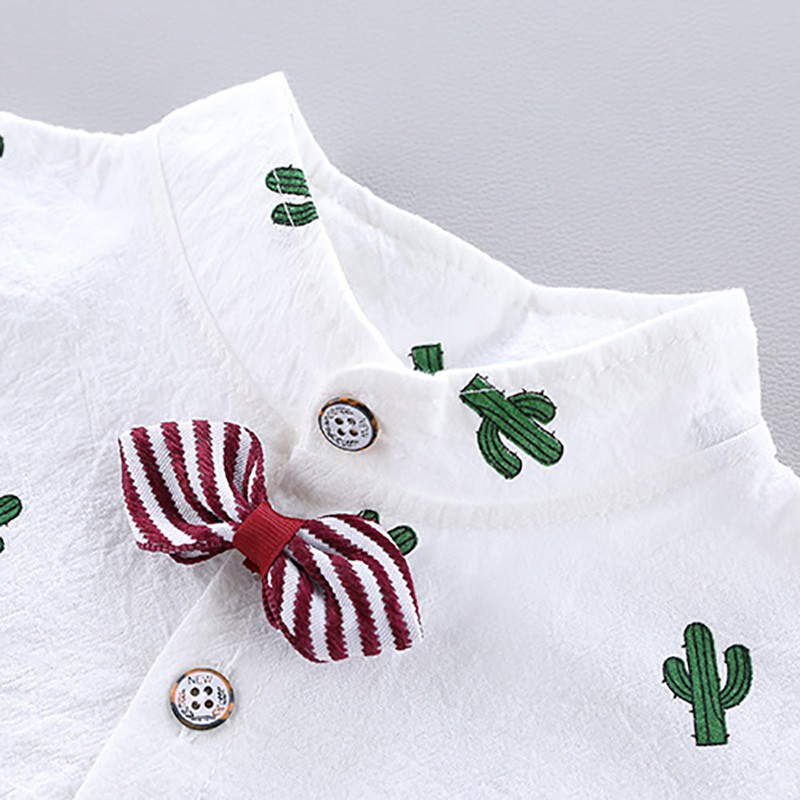 Set áo sơ mi tay ngắn in hình cây xương rồng + quần short lưng thun cho bé trai từ 1-4 tuổi