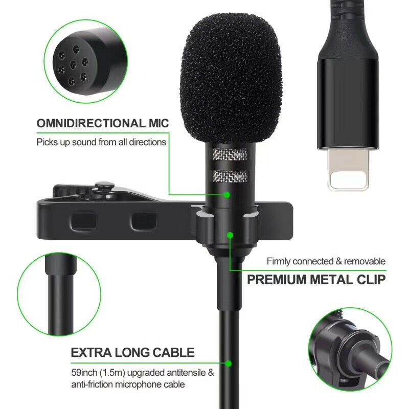 External Clip-on Lapel Lavalier Lightning with 3.5mm Audio Jack Microphone for iPhone 11 Pro XS XR Max SE2 /7/8 Plus iPad