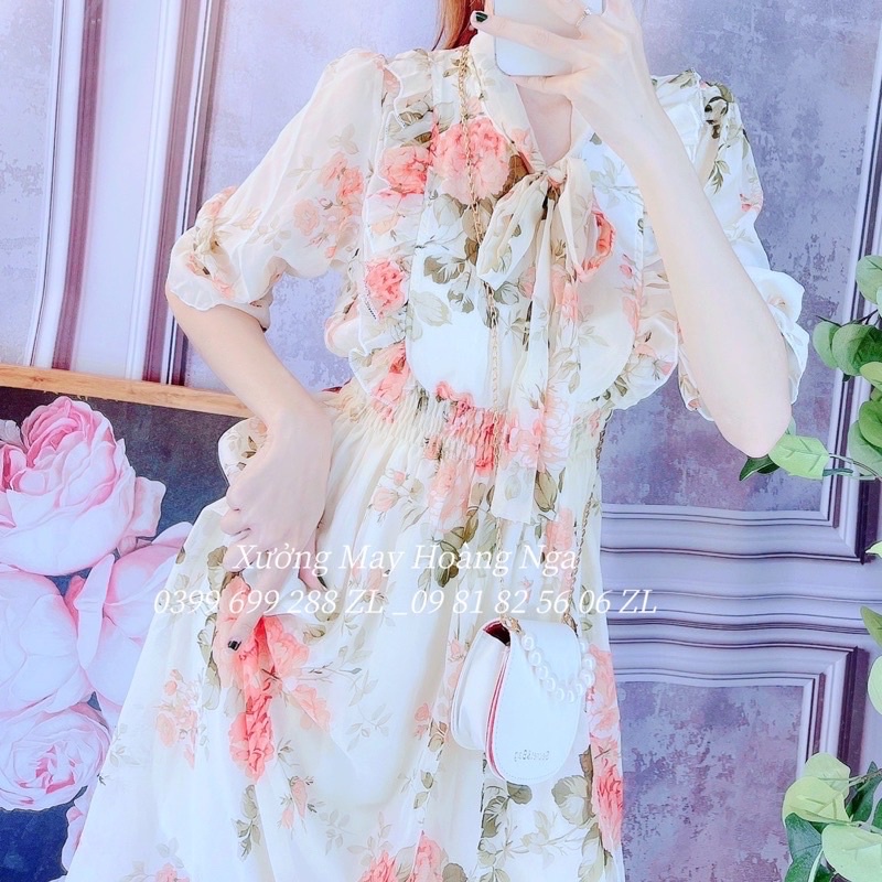 Đầm tiểu thư cột nơ cổ tay lỡ hình tự chụp