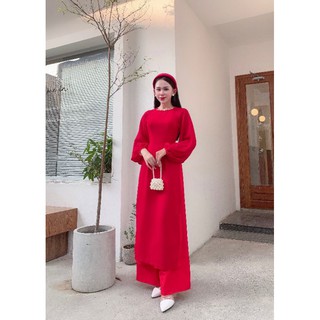 Áo dài đỏ 2 tà phối tay