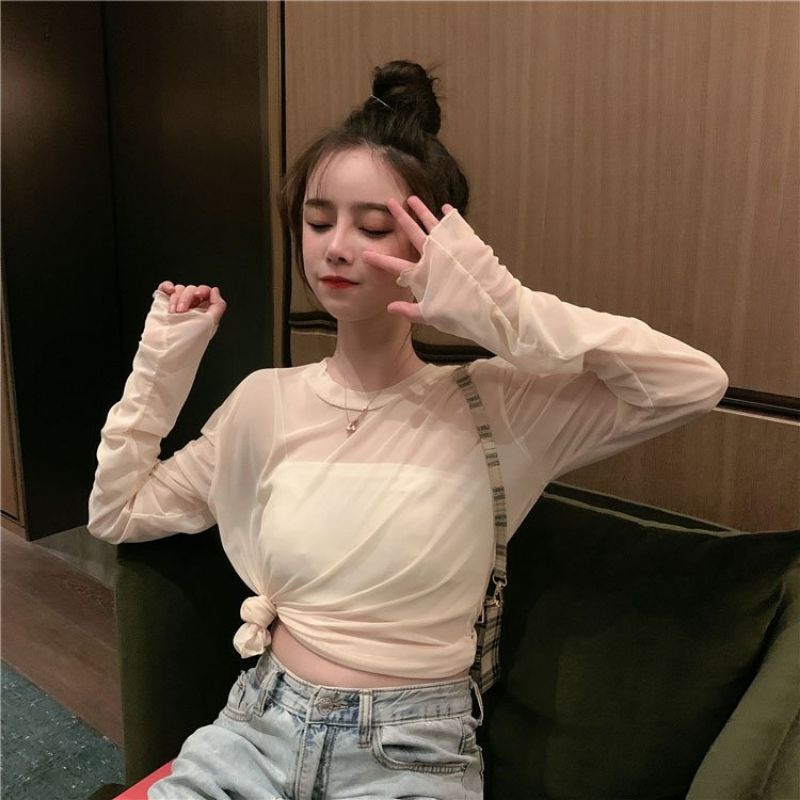 Áo lưới ren mỏng tay dài cổ thấp thời trang nhiều màu cho nữ MS11