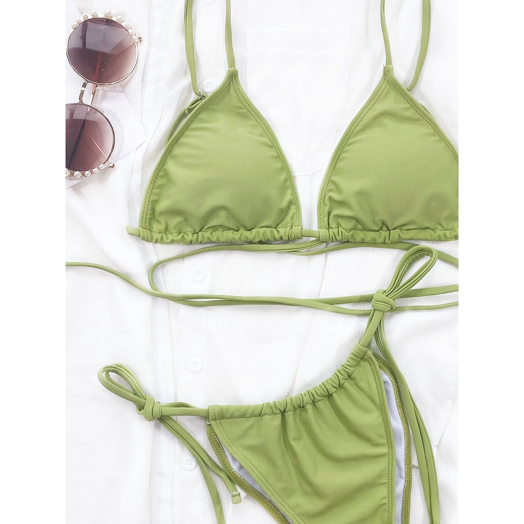 [BKN1424] &lt;ÂU&gt; SET BIKINI TRIANGLE XANH CỐM ĐAN DÂY EO
