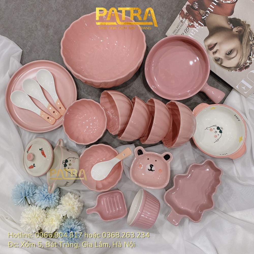 Bát ăn cơm, bộ bát đĩa decor, chén dĩa sứ màu hồng dễ thương cute cao cấp