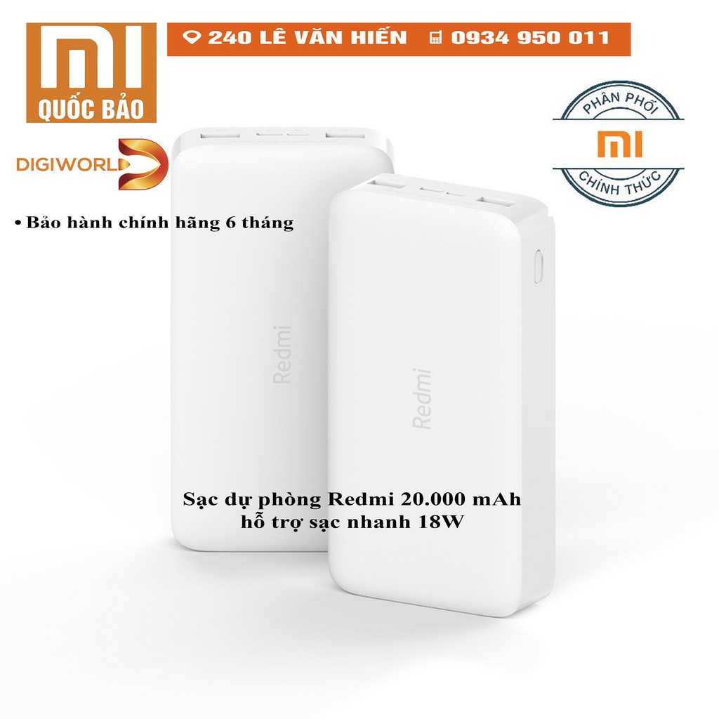 Sạc dự phòng XIAOMI REDMI 20.000 mAh hỗ trợ sạc nhanh 18W hàng phân phối chính hãng DGW