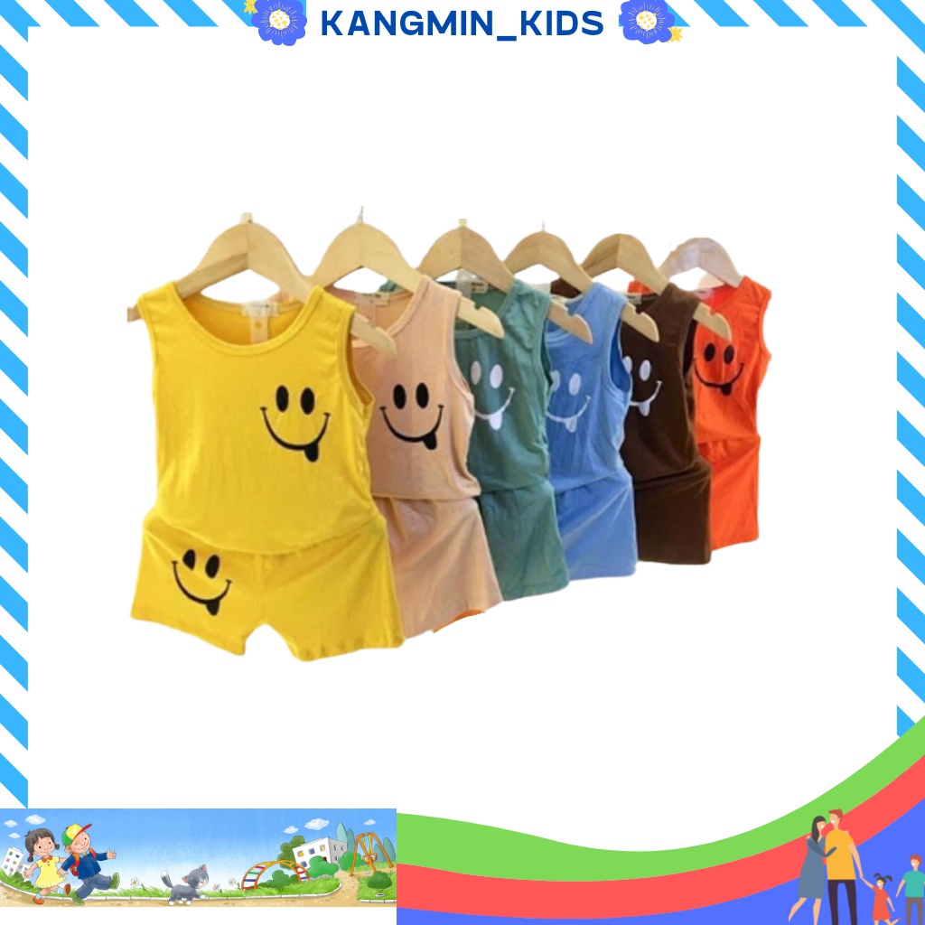 Bộ ba lỗ bé trai bé gái Kangminkids, bộ áo thun sát nách bé trai bé gái in mặt cười xinh TEO1, quần áo trẻ em từ 6-18kg