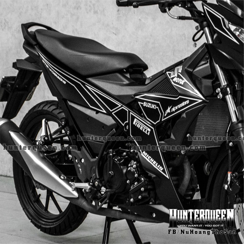 Tem rời dán xe Raider đen, họa tiết trắng đơn giản. Decal cao cấp không bay màu, bền đẹp