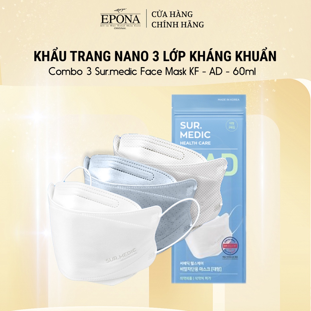 Khẩu Trang EPONA SURMEDIC Nano ion 3 Lớp Kháng Khuẩn KF-AD 99,99% - 3 cái/túi zip