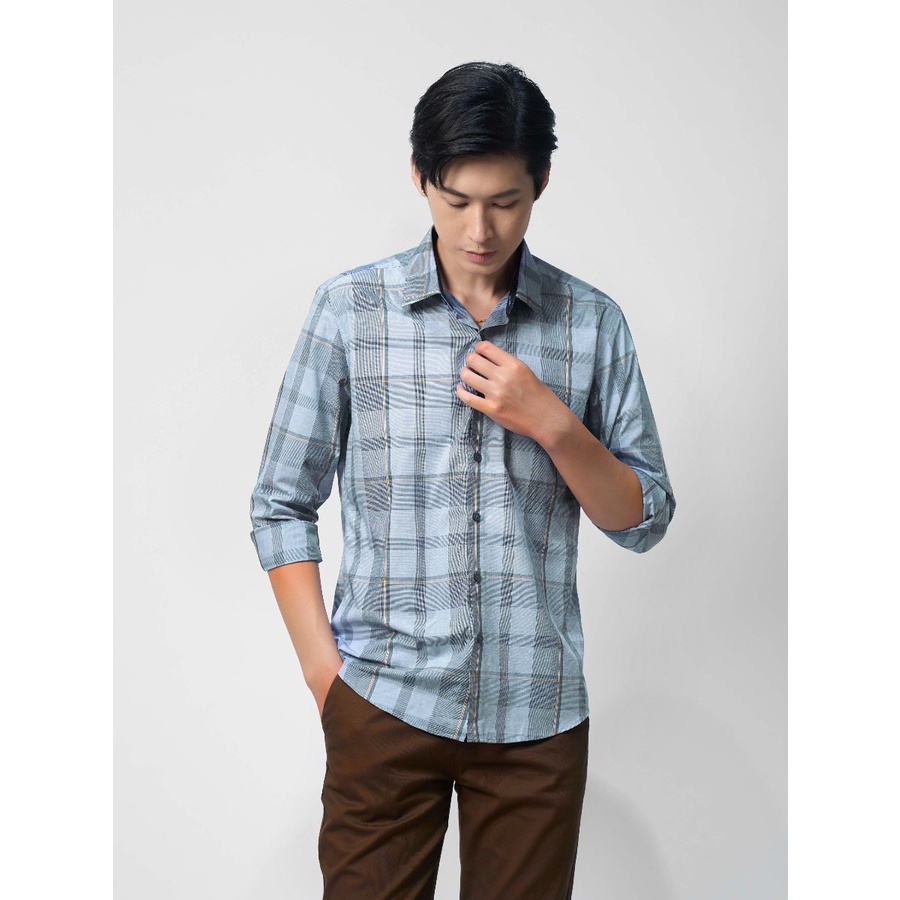 Áo sơ mi nam dài tay OWEN AR220791DT công sở vải sợi tre cao cấp kẻ caro xanh xám nâu dáng suông tà lượn có túi