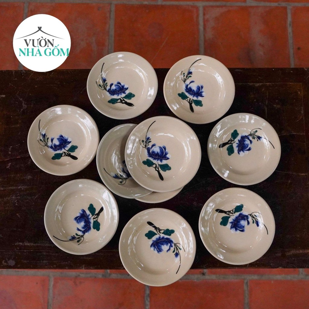 Set 5 dĩa vẽ bông màu xanh, Dĩa gốm chất lượng- nhỏ bông xanh- VƯờn Nhà Gốm