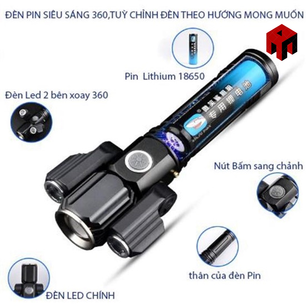 🔴HOT 2022>> Đèn Pin Cầm Tay Chống Trộm Siêu Sáng 3 Đầu Cao Cấp - Tặng Kèm Cáp, Củ Sạc & Pin.