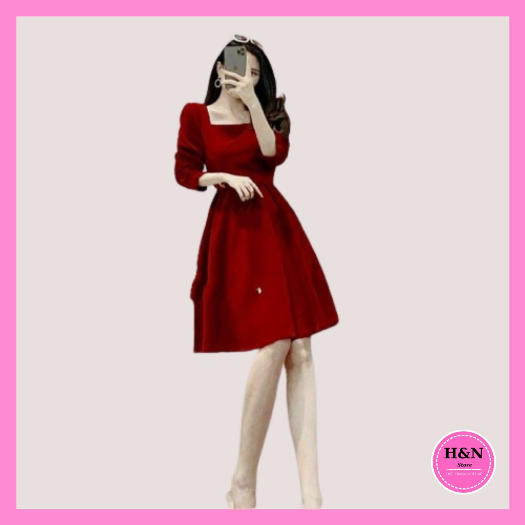 Váy Thiết Kế chữ A tay rút, Váy nhung xinh xắn, màu đỏ đầy may mắn - H&N Shop