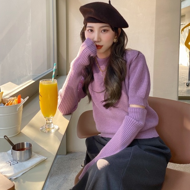 Áo sweater ZHELIHANGFEI dệt kim cổ cao tay phồng thời trang thu đông dành cho nữ