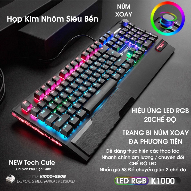 Bàn Phím Cơ Gaming K1000 CAO CẤP FULL LED RGB | Hợp Kim Nhôm Cao Cấp Có Kê Tay, Blue Switch Gõ Cực Đã
