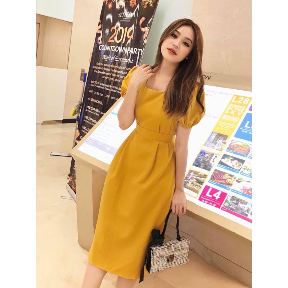 Váy Cổ Vuông Hai Màu Thắt Eo