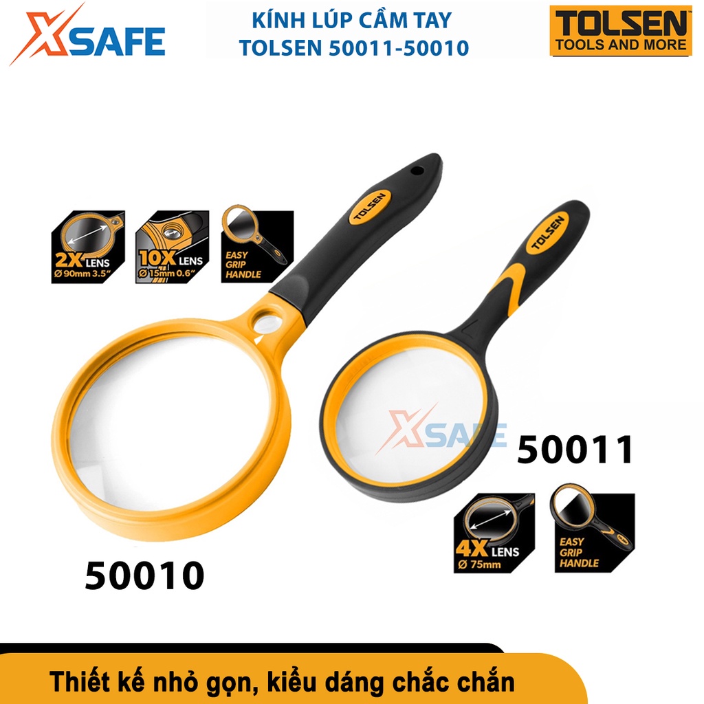 Kính lúp cầm tay 220x 97mm/190x85mm Tolsen, độ phóng đại lên đến 10x, tay cầm cao su chống trơn trượt, kính lúp độ nét