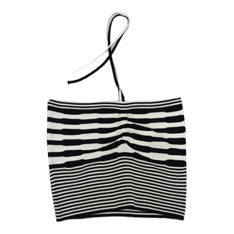 Youyo Áo Croptop Dệt Kim Trễ Vai Không Tay Dáng Ôm Họa Tiết Kẻ Sọc Phối Dây Rút Gợi Cảm Cho Nữ