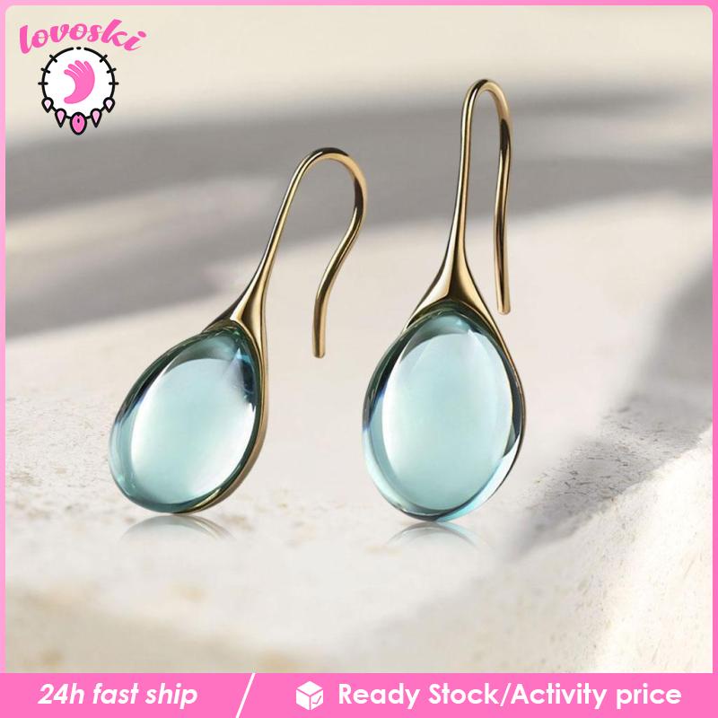 Khuyên tai dạng móc hình giọt nước đính đá tự nhiên màu tím cho nữ