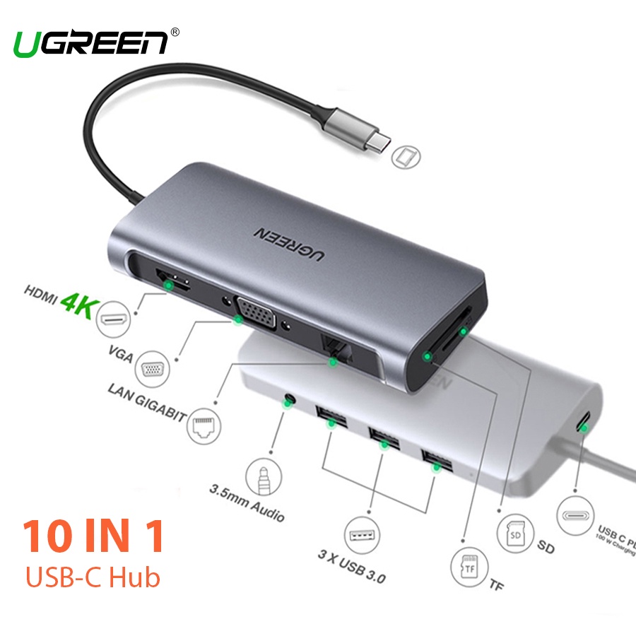 Cáp Chuyển Hub Ugreen 10 in 1 USB Type C Ra HDMI 4K Cao Cấp Ugreen 80133