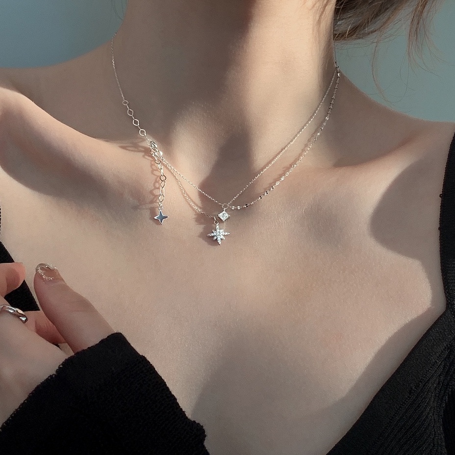 Dây chuyền ngôi sao bạc ý 925 đính kim cương nhân tạo 2 lớp