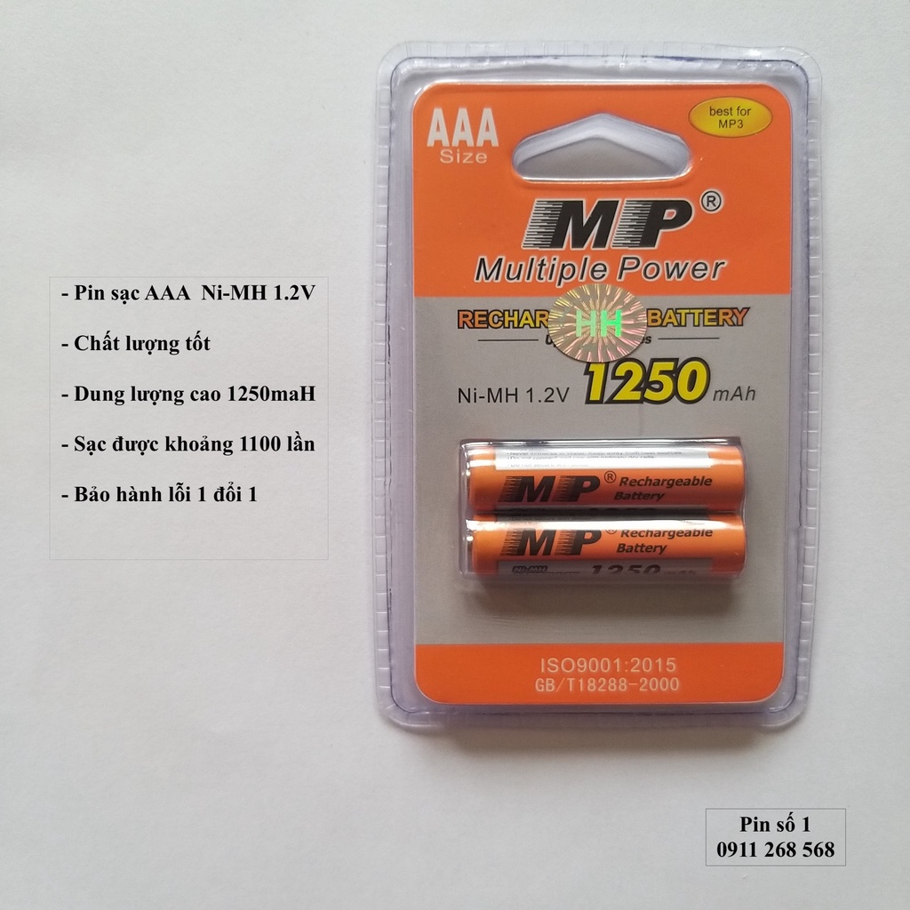 2 viên Pin sạc đũa AAA MP dung lượng cao 1250 maH
