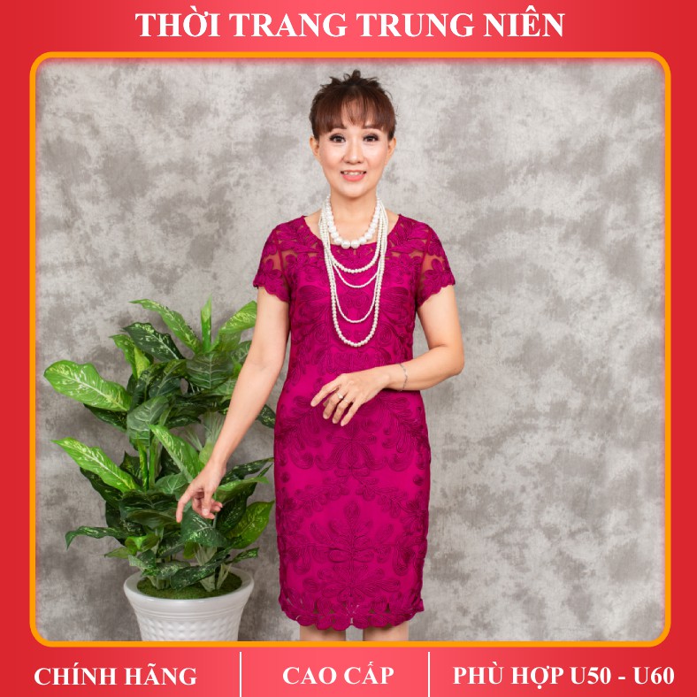 Đầm trung niên iDiva D11-31; chất liệu ren nổi cao cấp, dáng ôm, bigsize phù hợp u50 dự tiệc sang trọng