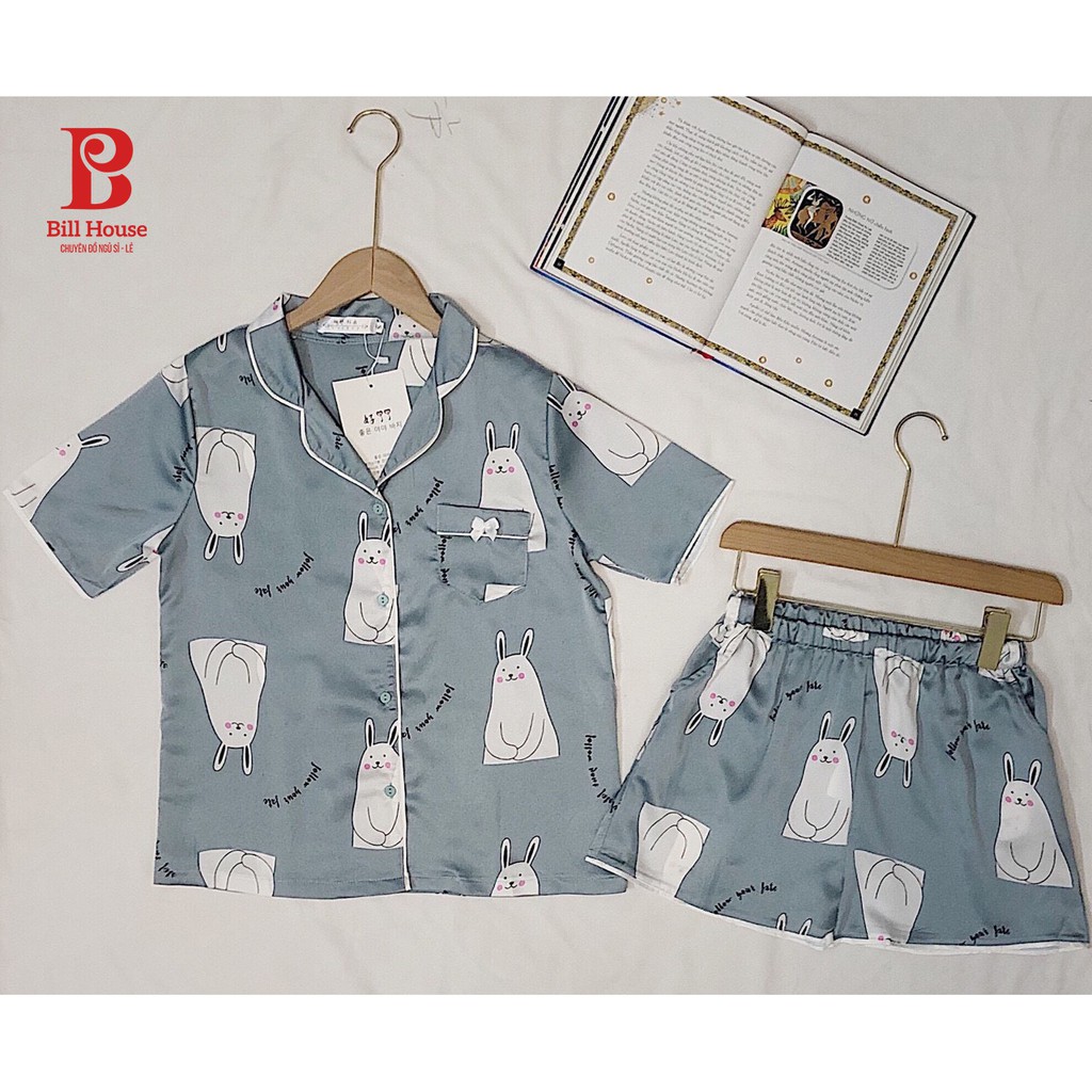Bộ Ngủ Pijama Lụa Cộc Viền Trắng Họa Tiết Chữ (VS01)